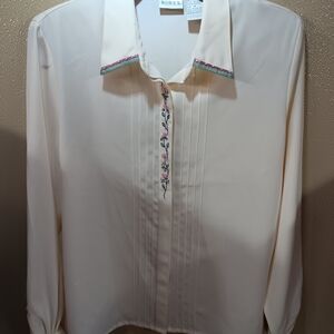 Koret Cream Embroidered Pintuck Long-Sleeve Blouse Size 16